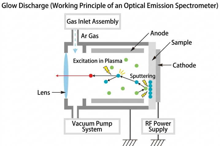 A schematic diagram illustrating the glow discharge working principle of an optical emission spectrometer