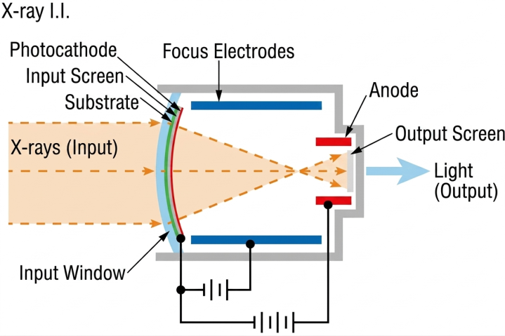A schematic cross-section diagram of an X-ray Image Intensifier (X-ray I.I.)
