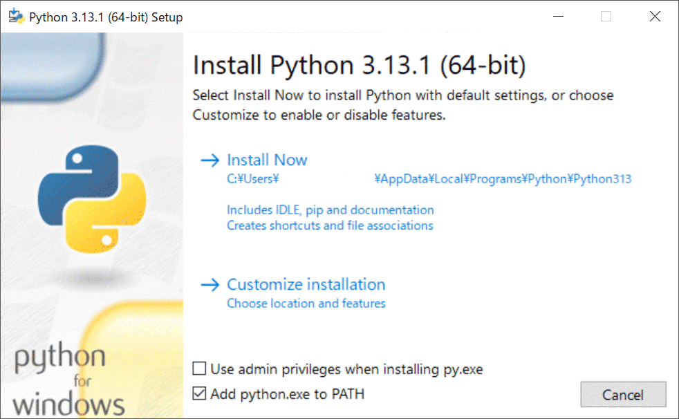Run the downloaded installer. Check the option "Add python.exe to PATH. "Click "Install Now."