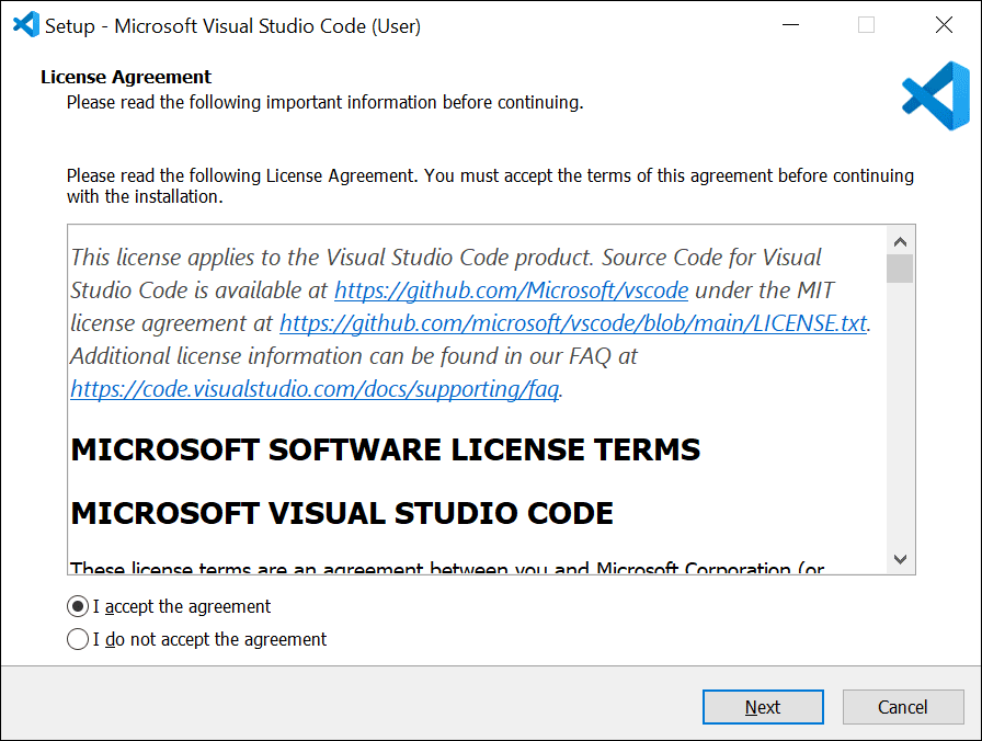 When the "Accept License Agreement" screen appears, check "I agree" and click "Next."