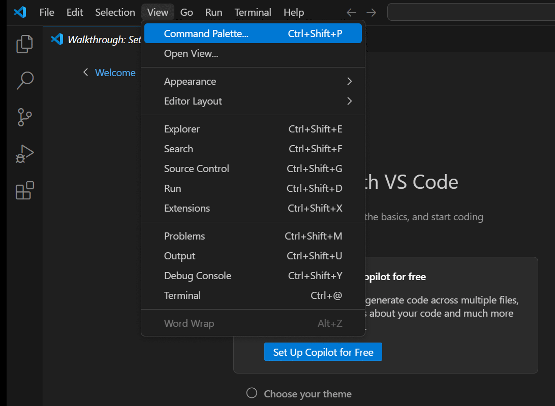 Open the View menu and click "Command Palette."