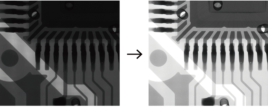 X-ray images comparing before and after using the Contrast control